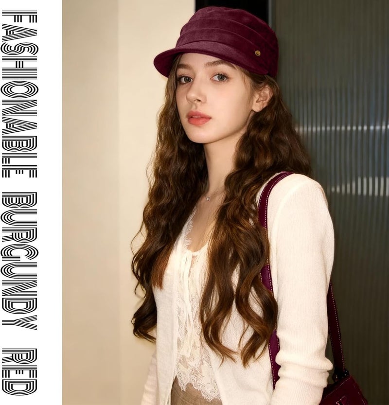 huablo Women's Suede Flat Top Newsboy Cap - Soft Brim & Hook - and - Loop Adjustment - Fall Winter Cabbie Paperboy Hats - Image 2